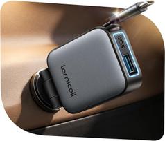 "Lamicall 3-in-1" cigarečių žiebtuvėlio USB C automobilinis įkroviklis - itin plonas - 75 % mažesnis 63 W USB adapteris automobiliui su ištraukiamu C tipo kabeliu/USB C/USB A, 24/12 V automobilinis greitasis įkroviklis iPhone/Samsung