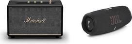 "Marshall Acton III" belaidis "Bluetooth" garsiakalbis - juodas ir "JBL Charge 5" "Bluetooth" garsiakalbis - juodas, atsparus vandeniui
