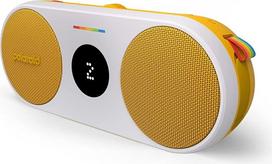 "Polaroid P2" - galingas nešiojamas belaidis įkraunamas "Bluetooth" garsiakalbis su dvigubu stereofoniniu suporavimu - geltonos ir baltos spalvų