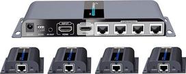 "PremiumCord" HDMI 1-4 daliklis + 4x ilgintuvas per jungiamąjį kabelį CAT6/6a/7, su maitinimo šaltiniu, metalinis korpusas, vaizdo raiška "Full HD 1080p 60Hz", 3D, HDCP, juoda spalva