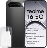 "realme 16" 5G išmanusis telefonas, 8GB + 256GB, 6,57 colių 120Hz AMOLED ekranas, 6500mAh baterija, 50MP "Sony IMX852" fotoaparatas, IP69K apsauga, 45W greitasis įkrovimas, dvi SIM kortelės, "Next AI", juodas (su maitinimo šaltiniu)
