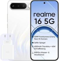 "realme 16" 5G išmanusis telefonas, 8GB + 256GB, 6,57 colių 120Hz AMOLED ekranas, 6500mAh baterija, 50MP "Sony IMX852" fotoaparatas, IP69K apsauga, 45W greitasis įkrovimas, dvi SIM kortelės, "Next AI", baltas