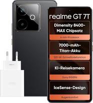 "realme GT 7T" išmanusis telefonas, 5G Dual SIM, 12GB RAM, 512GB ROM, 6,8 colių AMOLED ekranas, lustų rinkinys "Dimensity 8400-MAX", 7000 mAh titano baterija, AI Travel Snap kamera, "IceSense", juodas (be adapterio)