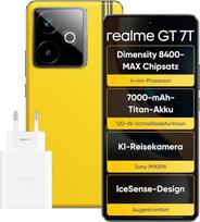 "realme GT 7T" išmanusis telefonas, 5G Dual SIM, 12GB RAM, 512GB ROM, 6,8 colių AMOLED ekranas, lustų rinkinys "Dimensity 8400-MAX", 7000 mAh titano baterija, AI Travel Snap kamera, "IceSense" geltonos spalvos (be adapterio)