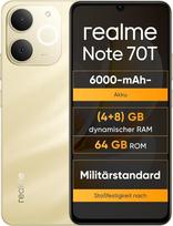 "realme Note 70T" 4 + 64GB išmanusis telefonas, 6,75 colių ekranas su 90 Hz akių komfortu, 6000 mAh baterija, "ArmorShell" apsauga, aštuonių branduolių mikroschemų rinkinys, 7,94 mm itin plonas, IP54, smėlio aukso spalvos, be įkroviklio