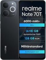 "realme Note 70T 4 + 128GB išmanusis telefonas, 6,75" ekranas "Eye Comfort" @ 90 Hz, 6000 mAh baterija, "ArmorShell" apsauga, aštuonių branduolių mikroschemų rinkinys, 7,94 mm itin plonas IP54, juoda obsidiano spalva, be įkroviklio