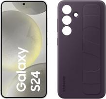 "Samsung Galaxy S24 AI" išmanusis telefonas, 8GB RAM, 128GB atminties, marmurinės pilkos spalvos, tamsiai violetinės spalvos dėklas su laikikliu