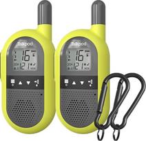 "Talkpod" lauko sportinė radijo stotelė vaikams ir suaugusiesiems, 2 vnt., lengva, įkraunama, 3 km atstumas, iki 16 kanalų, apšviestas ekranas, neslystanti, su diržo spaustukais, ryškiai žalios spalvos