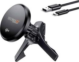 "Technaxx" magnetinis automobilinis įkroviklis 15 W, Qi2 automobilinis įkroviklis TX-323, oro ventiliacijos telefono laikiklis su metaliniu žiedu, USB A į USB-C kabelis - belaidis įkrovimas "iPhone 12+" ir "Qi" palaikomiems išmaniesiems telefonams