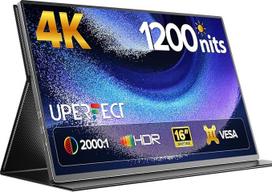 "UPERFECT" nešiojamasis monitorius 4K 16 colių 1200 nitų nešiojamojo kompiuterio monitorius 3840 x 2400 UHD 145% sRGB 2000:1 16:10 USB-C ir mini HDMI VESA ir išmanusis dėklas Lauko ekranas nešiojamajam kompiuteriui Mini PC Telefonas Žaidimų konsolės