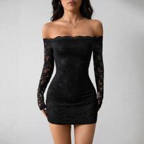 Spring Lace One Shoulder Long Sleeve Slim Fit Flattering Going Out Dress Women Mature Style French Retro Patchwork Slim Sexy Elegant Women Maxi Dress S juoda