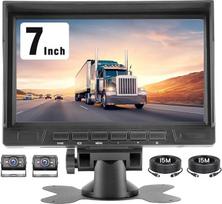 1080P HD 2 x atbulinės eigos kamera su 7 colių IPS monitoriumi, 2 padalyti ekranai/parkavimo pagalba, IP69 AHD atbulinės eigos kamera, skirta sunkvežimiams, visureigiams, nameliams ant ratų su apsauga nuo saulės, 2 x 15 m kabelis, 12 V