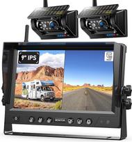 2 belaidės saulės magnetinės atbulinės eigos kameros, 9 colių 1080P HD monitorius, 9600 mAh akumuliatorius, 1 minutės montavimas, IP69K atsparumas vandeniui, skirtos priekaboms, nameliams ant ratų ir sunkvežimiams