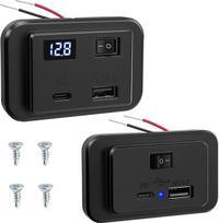 2 vnt USB lizdas 12V su LED voltmetru ir jungikliu, 40 W USB C lizdas 12V Motorhome, PD C tipo + QC3.0 12V USB įkrovimo lizdas, skirtas 12V-26V automobiliui / motoriniam namui / valčiai