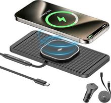 25 W magnetinis belaidis įkrovimo kilimėlis automobiliui, polmxs greitojo įkrovimo kilimėlis MagSafe automobiliniam įkrovikliui, neslystantis dizainas ir pratęstas USB-C kabelis, suderinamas su iPhone 17/16/15/14/14/13/12, Samsung ir Android