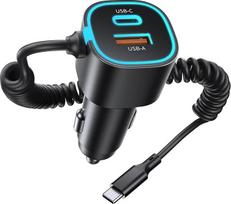 3 prievadų cigarečių žiebtuvėlio USB C, 65 W + 30 W automobilinio įkroviklio adapteris su 1,5 m spiraliniu C tipo kabeliu, 12-24 V automobilinis USB C įkroviklis, suderinamas su "iPhone 17 16 15 Pro Max Plus", "Galaxy S25 24", GPS ir kt.