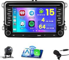 4G+64G/Android15 Autoradio für VW Beetle Tiguan CC Passat Sharan Jetta Caddy Transporter, Wireless Carplay Android Auto 7'' Touchscreen mit 【52pin Adapter】 WiFi BT Typ-C+Rückfahrkamera+MIC