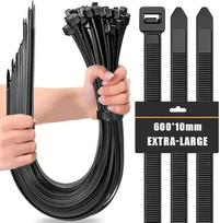 50 didelių ilgų 600 mm x 10 mm ilgio, atsparių UV spinduliams, itin tvirtų, 100 kg tempimo stiprumo, juodos spalvos kabelių raiščių pakuotė