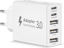 50 W USB-C įkroviklis, 5 prievadų kištukai (3 USB-A ir 2 USB-C), 50 W USB-A sieninis įkroviklis, greitasis įkroviklis su PD 3.0, suderinamas su "iPhone 12/13/14/14/15/16/17/Mobilieji telefonai / planšetiniai kompiuteriai