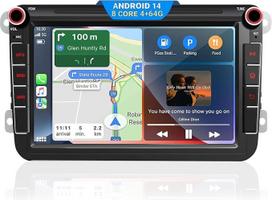 Automobilinis radijas VW Golf 5 6 T5 Polo Sharan Passat Tiguän,[Android 14.0 4GB + 64GB 2.0GHz] CAWELL Double DIN radijas su 4G/Navi/Bluetooth (8 colių, 2.0GHz, 8 branduolių Android 14 mi DAB)