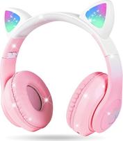 AXFEE Vaikų "Bluetooth" ausinės su katės ausimis, mergaičių katės ausys per ausis su LED šviesa, sulankstomos stereofoninės belaidės vaikiškos ausinės, vaikiškos ausinės kompiuteriui / mobiliajam telefonui / iPad / planšetiniam kompiuteriui, rožinės balto