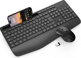 Belaidis klaviatūros ir pelės rinkinys, ergonomiška pilno dydžio klaviatūra su riešo atrama, telefono laikikliu, miego režimu, tyli 2,4 GHz belaidė klaviatūra ir pelė "Mac", "Windows", kompiuteriui, nešiojamajam kompiuteriui, asmeniniam kompiuteriui