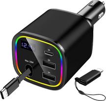 Cigaretės žiebtuvėlio USB C, 4-in-1 ištraukiamas automobilinis įkroviklis, 78 W greitasis įkroviklis su RGB šviesa, skirtas "iPhone 17 16 15 12 13 14 Android", automobilių aksesuarai (juodas)