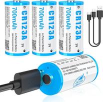 CR123A 3V ličio akumuliatorius, 4 vnt. 3V ličio akumuliatorių, įkraunamų per USB, iki 3000 ciklų su USB-C įkrovimo prievadu, greitas įkrovimas per 2 valandas, 123A akumuliatorius 700 mAh, skirtas durų užraktams su pirštų atspaudais ir kt.