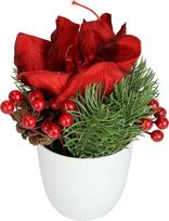Dirbtinių gėlių puokštė Amaryllis 20 cm vazonėlyje - kalėdinė dekoracija su eglių šakomis, uogomis ir spurgomis - dekoratyvinės gėlės Kalėdinė gėlių puokštė Žiemos gėlių dekoracija Stalas