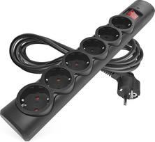 EMOS - Apsaugos nuo viršįtampių lizdų juosta su LED indikatoriumi, 6 krypčių, 3 m ilgio kabelis - 6 "Schuko" lizdai, pasukti 45° kampu, jungiklis, padidinta apsauga nuo prisilietimo - maks. apkrova 2300 W / 10 A - PVC, skirta naudoti patalpose - juoda