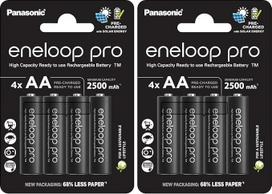 eneloop Pro AA/Mignon NI-MH akumuliatorius, 4 pakuočių talpa, mažiausiai 2500 mAh paruoštos naudoti NI-MH baterijos, įkraunamos iki 500 kartų, pakuotė be plastiko, Pro, juodos spalvos (2 vnt.)