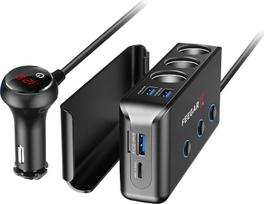 Feegar Ciga 4X USB QC 3.0 PD 20W automobilinis įkroviklis, trigubas 200W 12V/24V 10A cigarečių žiebtuvėlio adapteris USB automobilinis daliklis su atskiru jungikliu ir LED įtampos ekranu, skirtas išmaniajam telefonui, planšetiniam kompiuteriui, prietaisų