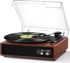 FYDEE vinilinių plokštelių grotuvas su įmontuotais stereofoniniais garsiakalbiais, 3 greičiai 33/45/78 aps/min, "Bluetooth" plokštelių grotuvas, palaiko RCA išvestį, AUX įvestis, kaštoninės rudos spalvos