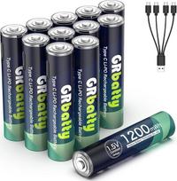 GRbatty USB įkraunamos AAA ličio baterijos, 12 vnt., USB C įkraunamos AAA ličio baterijos, 1200 mWh 1,5 V, su 4-in-1 įkrovimo kabeliu, 1 val. greitas įkrovimas