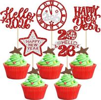 Gyufise Laimingų Naujųjų metų 2025 Cupcake Toppers Sveiki 2025 Cupcake Picks Sveiki 2025 vidurnaktį laikrodis fejerverkai Sveiki 2025 Cake dekoracijos 2025 Laimingų Naujųjų metų išvakarių partijos reikmenys Raudona 30