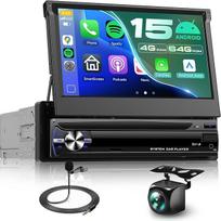 Hodozzy 4G + 64G automobilinis radijas 1 DIN su belaidžiu "Carplay Android" automobiliu, 7 colių jutiklinis ekranas su ištraukiamu rankiniu ekranu, "Android" radijas su navigacija, "WiFi", "Bluetooth", FM/RDS radijas, atbulinės eigos kamera, USB