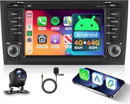 Hodozzy 4G + 64G automobilinis radijas "Audi A6 C5 1997-2004", "S6 1999-2004", "RS6 2002-2006" su "Android" belaidžiu "Carplay", 7 colių jutiklinis ekranas "Android 2 Din" radijas GPS navigacija "Bluetooth", "WiFi", FM, RDS, galinis