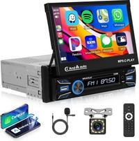 Hodozzy Automobilinis radijo imtuvas 1 DIN su belaidžiu "Carplay" ir "Android", 7 colių atverčiamo jutiklinio ekrano radijo imtuvas su "Bluetooth Mirrorlink", FM USB AUX SWC Automobilinis radijo imtuvas MP5 1 DIN + atbulinės eigos kamera Automobilinis MP5