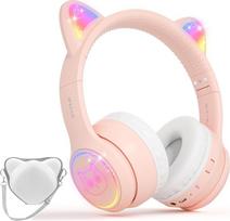 IFECCO "Bluetooth" ausinės vaikams, belaidės su laikymo krepšiu, vaikiškos ausinės per ausis su LED lemputėmis, katės ausys, 85 dBA garsumo riba, įmontuotas mikrofonas iPad, planšetiniam kompiuteriui ir mokyklai