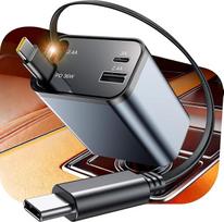 Ištraukiamas automobilinis įkroviklis, 4 in 1 greitasis įkroviklis USB C automobilinis sunkvežimio priedas, kelionių reikmenys, dovanos moterims vyrams, automobilių priedai iPhone 17 Pro Max Air 16 15 14 13 Plus, Galaxy, Pixel (juoda)