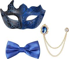 JewelryWe 3er Set Herren Masken Kostüm Vintage Venezianische Halbmaske mit Fliege & Kette Brosche Elegantes Gentleman Accessoire für Maskenball Halloween Karneval Mottoparty