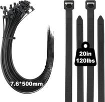 Kabelių raiščiai ilgi 20" 100 pakuočių 120lb Sunkiasvorių kabelių raiščiai 500 mm x 7,6 mm juodos spalvos nailono plastiko savaime užsifiksuojantys, atsparūs UV spinduliams, skirti tvarkingiems laidams, mašinoms, dirbtuvėms, lauko ir