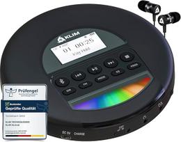 KLIM Nomad - Tragbarer CD-Player Discman mit langlebigem Akku - Inklusive Kopfhörer - Kompatibel mit CD-R, CD-RW, MP3 - Mit TF-Reader, Radio FM, Bluetooth - Ideal für Autos - NEU 2024