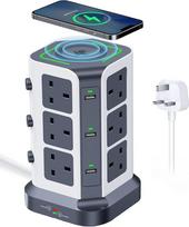 KOOSLA bokšto ilgintuvas su belaidžiu įkrovikliu, [13A 3250W] viršįtampių apsauga, 12 kintamosios srovės lizdų ir 6 USB lizdai, daugiafunkcinis kištukinis elektros lizdas, 2 m ilgio ilgintuvas