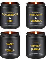 Kvepiančios žvakės vyrams, 4 x vyriškos žvakės, 765 g sojų vaško, 200 valandų degimo laikas, atsipalaidavimo dovana vyrams, Sandalwood Oud/Mahogany Teak/Smoky Vanilla/Jasmine Candle Gift Set