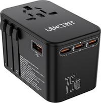 LENCENT 75W universalus kelioninis adapteris, GaN tarptautinis greitasis įkroviklis su 3 PD3.0 tipo C+2 QC USB A, pasaulinis adapteris mobiliesiems telefonams, nešiojamiesiems kompiuteriams, "viskas viename" kelioninis adapteris ES/USA/UK/AU lizdams