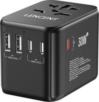 LENCENT kelioninis adapteris Worldwide GaN III 30 W, tarptautinis kištukinis adapteris su 2 USB-A ir 3 USB-C PD greitojo įkrovimo prievadais, universalus kelioninis kištukas, skirtas A/C/G/I tipo kištukams, JAV, JK, ES ir JAV, juodas