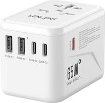 LENCENT universalus kelioninis adapteris, GaN III 65 W tarptautinis įkroviklis su 2 USB-A ir 3 C tipo PD greitojo įkrovimo jungtimis, pasaulinis kelioninis kištukinis adapteris, skirtas A/C/G/I tipo (JAV, JK, ES ir JAV) lizdams, baltos spalvos