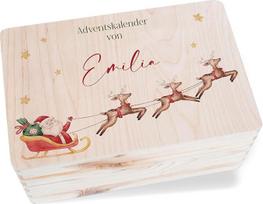 Medinė dėžutė Atminties dėžutė - Kalėdos - Kalėdų Senelis elnias rogėse Personalizuota - Advento kalendoriaus dovanų pakuotė - 30 x 20 x 14 - Mediena