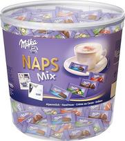 Milka šokolado plytelė NAPS Mix Alpine Milk/Hazelnut/Crème au Cacao/Strawberry, skaidrus indelis, 218 x 4,6 g (1 kg)
